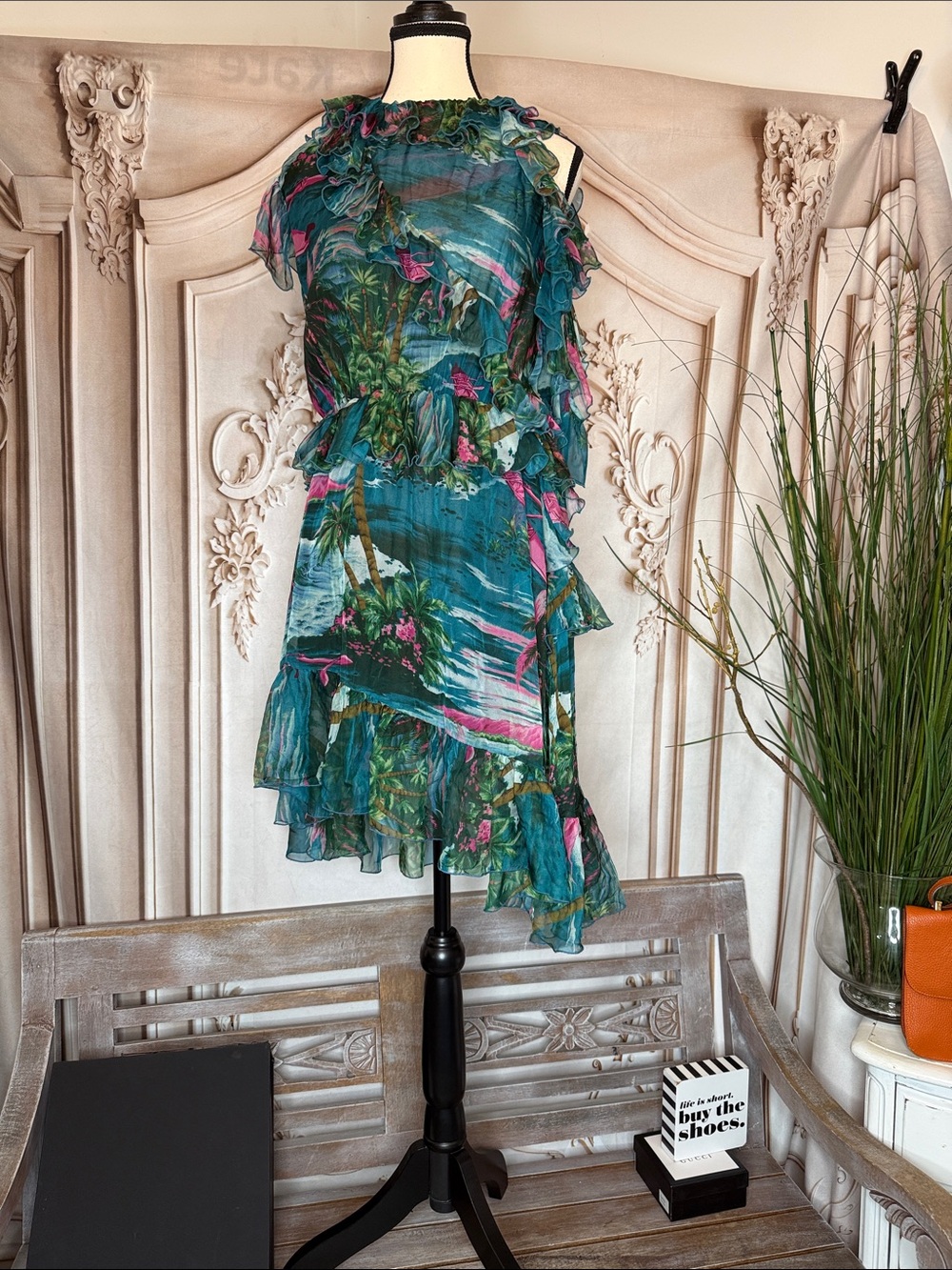 MSGM Teal Green Floral Ruffle Dress with Pink Accents